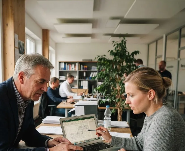 Zwei Kollegen besprechen eine Auswertung am Laptop in einem Büro